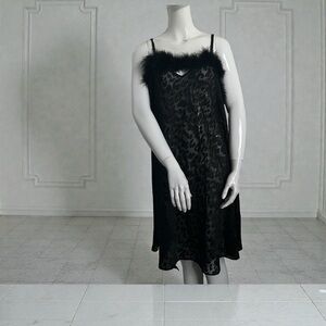 Vintage Black Leopard Slip Dress with Feather Trim Y2K Lingerie-Inspired Midi 2X